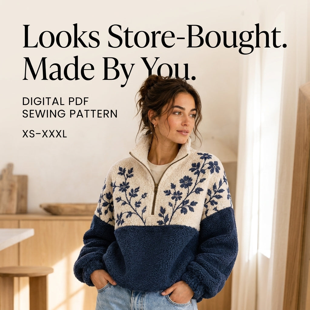 Half-Zip Sweatshirt Sewing Pattern — Colour-Block Sherpa Pullover with Stand Collar, Sizes XS–3XL, A0 and A4 Layered PDF
