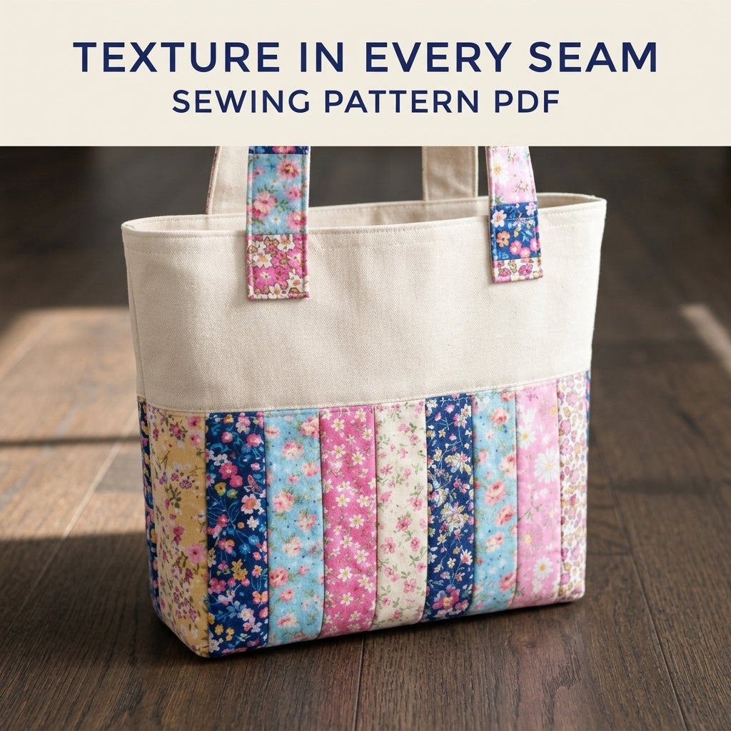 Floral Strip Linen Tote Sewing Pattern PDF – Scrappy Patchwork Tote Bag