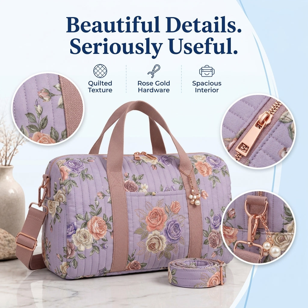 Quilted Duffle Bag Sewing Pattern — Weekender with Detachable Strap and Side Pockets, PDF Download