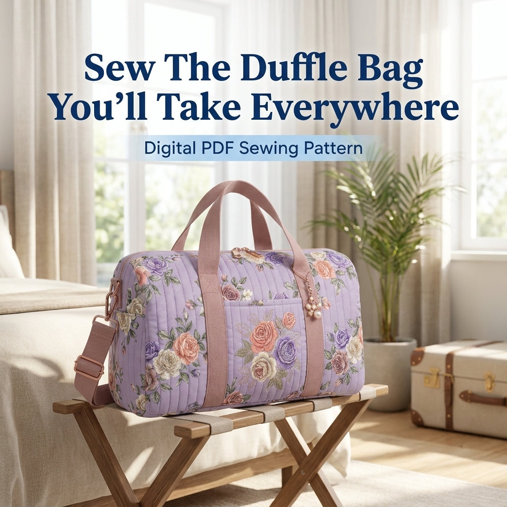 Quilted Duffle Bag Sewing Pattern — Weekender with Detachable Strap and Side Pockets, PDF Download