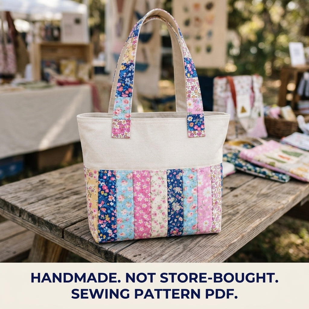 Floral Strip Linen Tote Sewing Pattern PDF – Scrappy Patchwork Tote Bag