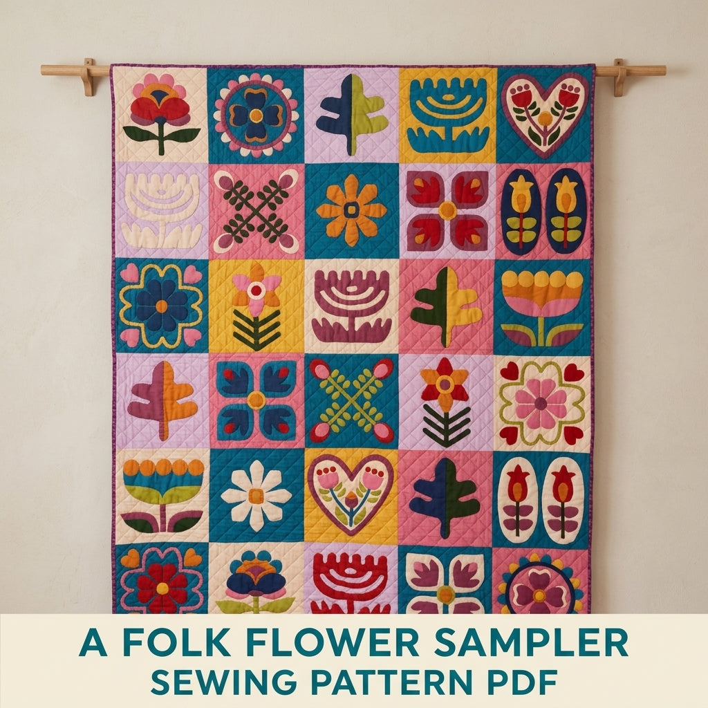 Folk Flower Sampler Quilt Pattern PDF – Scandinavian Appliqué Block Throw Quilt