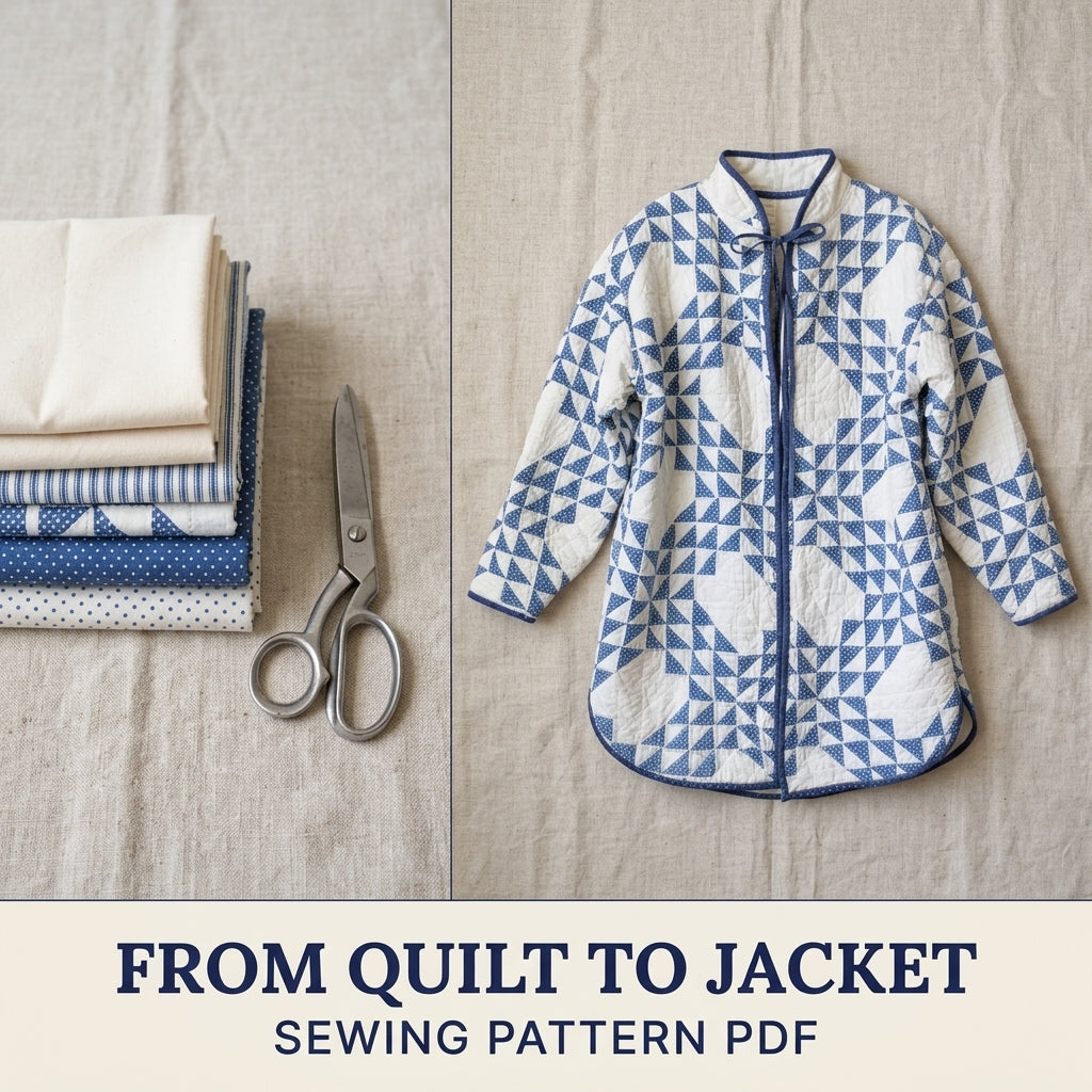Blue Star Quilt Jacket Sewing Pattern PDF – Tie Collar Jacket with Gathered Back Yoke