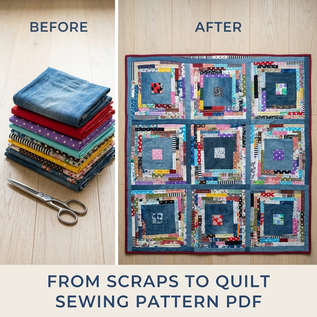 Scrappy Denim Square Quilt Sewing Pattern PDF – Upcycled Jeans Log Cabin Quilt