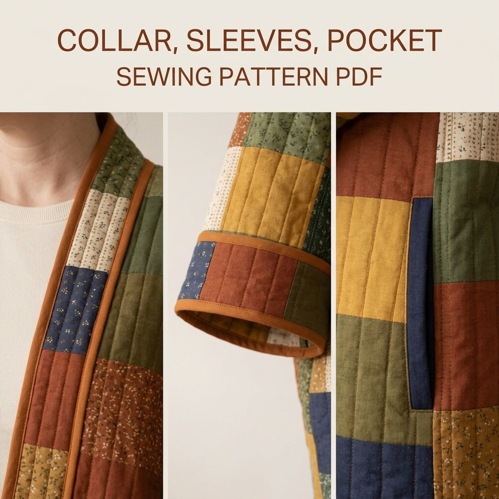 Quilted Kimono Jacket Sewing Pattern PDF – Patchwork Kimono Wrap with Wide Sleeves and Band Collar