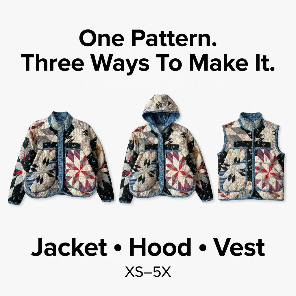 Quilt Jacket and Vest Sewing Pattern — 3 Versions in One PDF, Hooded, Collared or Sleeveless, Sizes XS–5X, A0 and A4 PDF