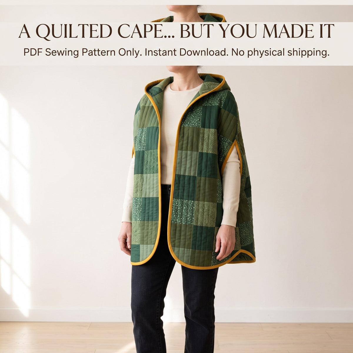 Quilted Cape Sewing Pattern – Hooded Patchwork Cape with Arm Slits