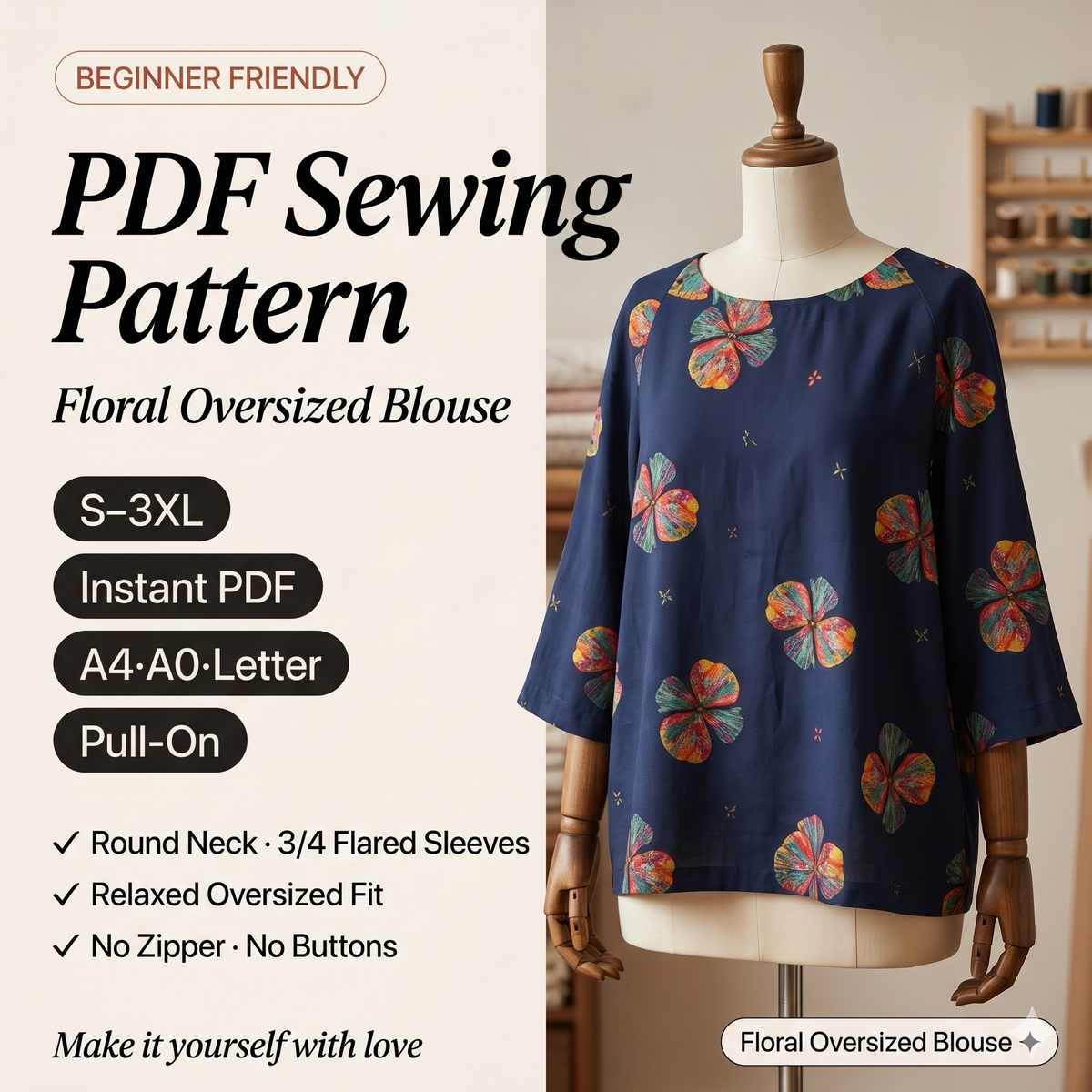 Floral Cotton Shirt – Instant Download PDF Sewing Pattern