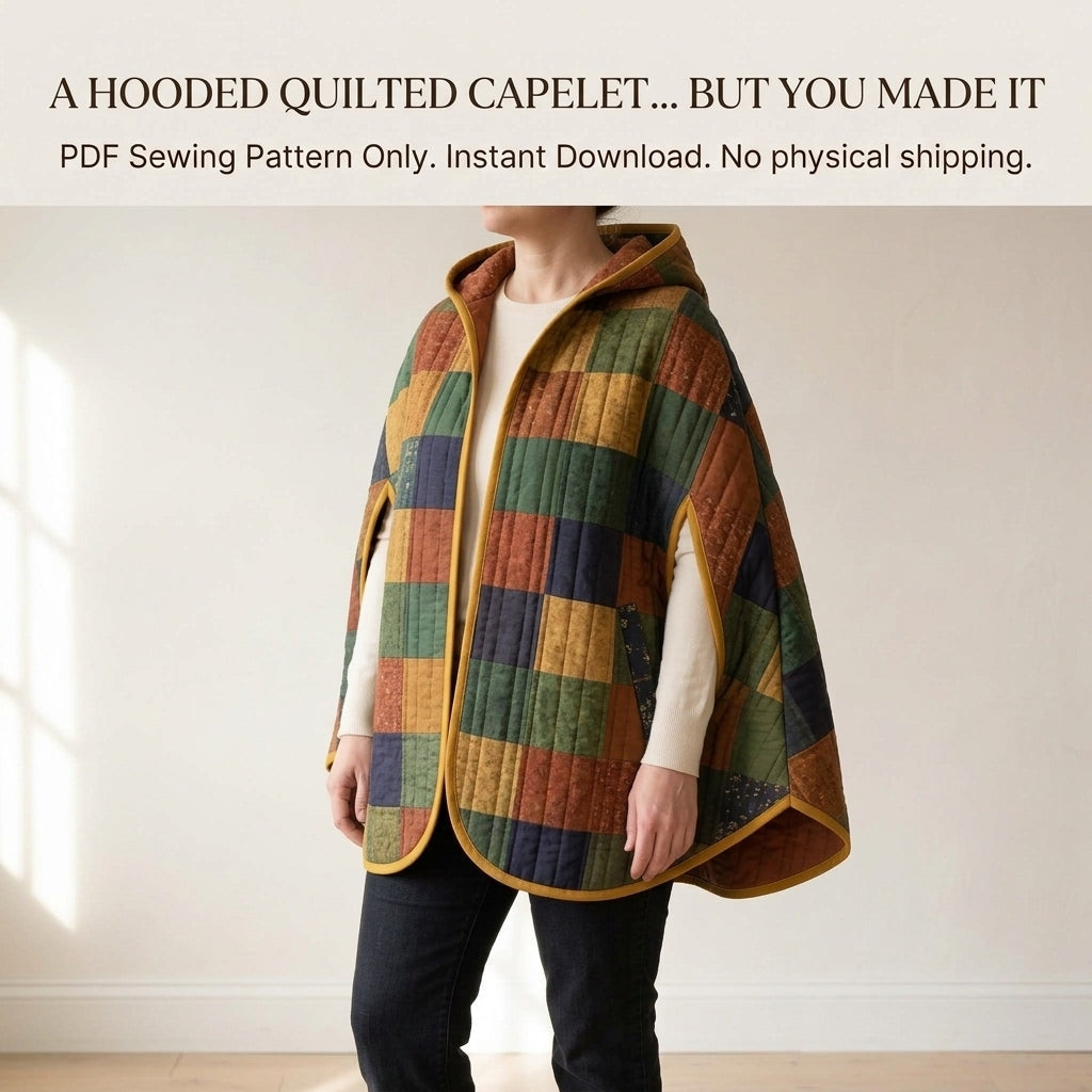 Hooded Quilted Capelet Sewing Pattern PDF – Patchwork Cape with Arm Slits and Bias Binding