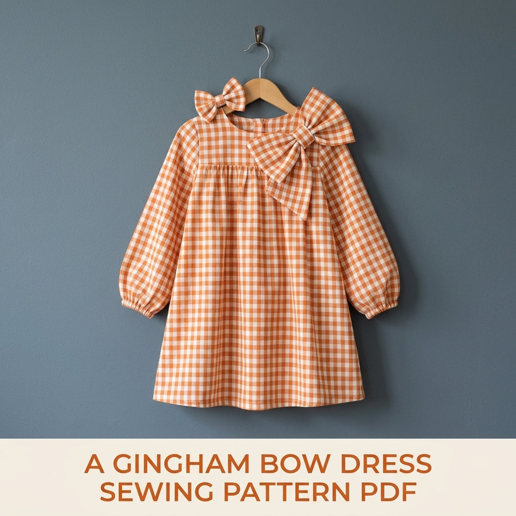Girls Gingham Bow Dress Sewing Pattern PDF – Gingham Dress with Big Bow
