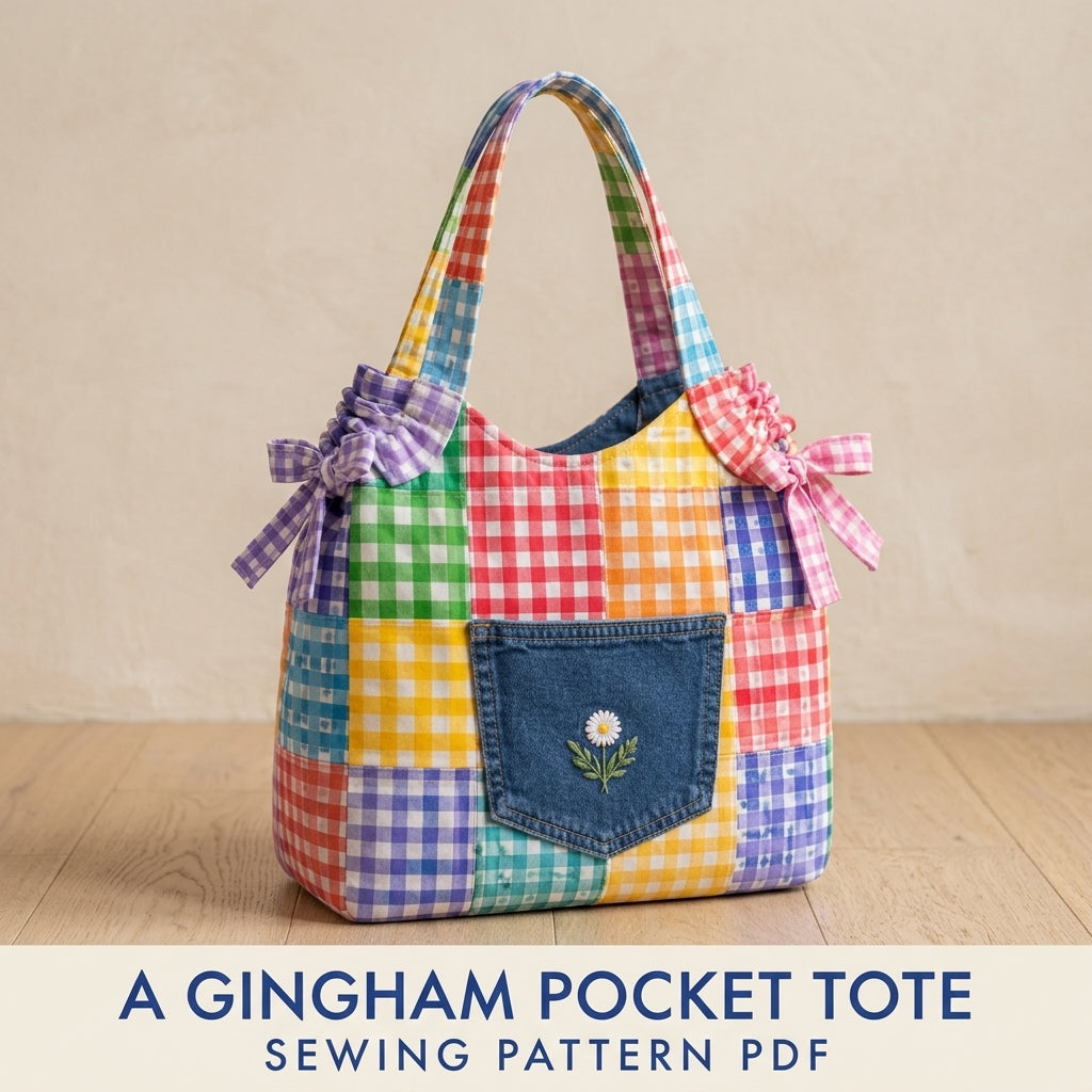 Gingham Patchwork Tote Sewing Pattern PDF – Scrappy Bag with Jeans Pocket
