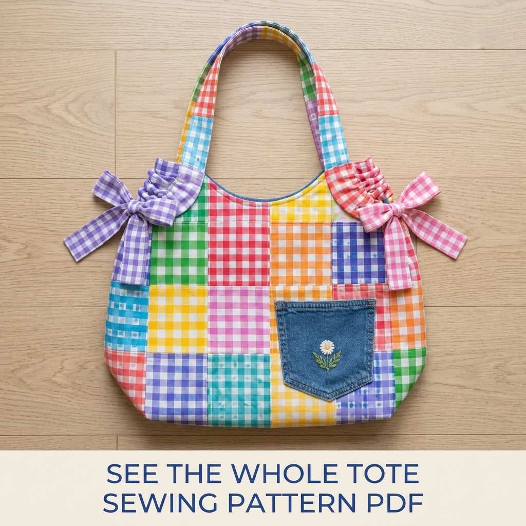 Gingham Patchwork Tote Sewing Pattern PDF – Scrappy Bag with Jeans Pocket