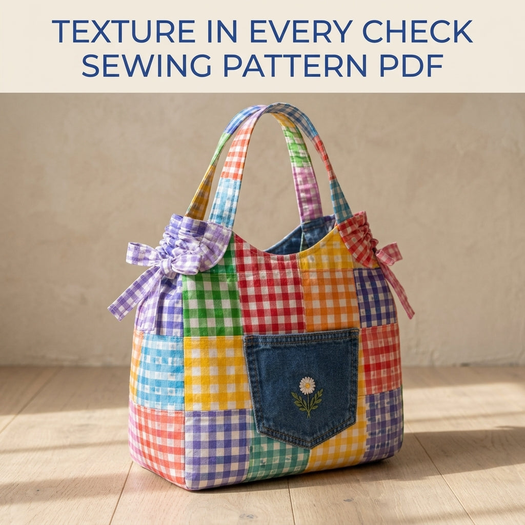Gingham Patchwork Tote Sewing Pattern PDF – Scrappy Bag with Jeans Pocket