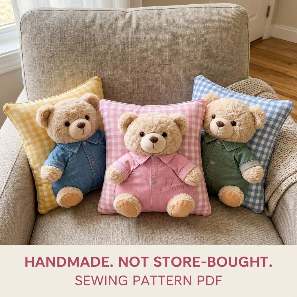 Teddy Bear Pocket Pillow Sewing Pattern PDF – Nursery Pillow with Plush Bear