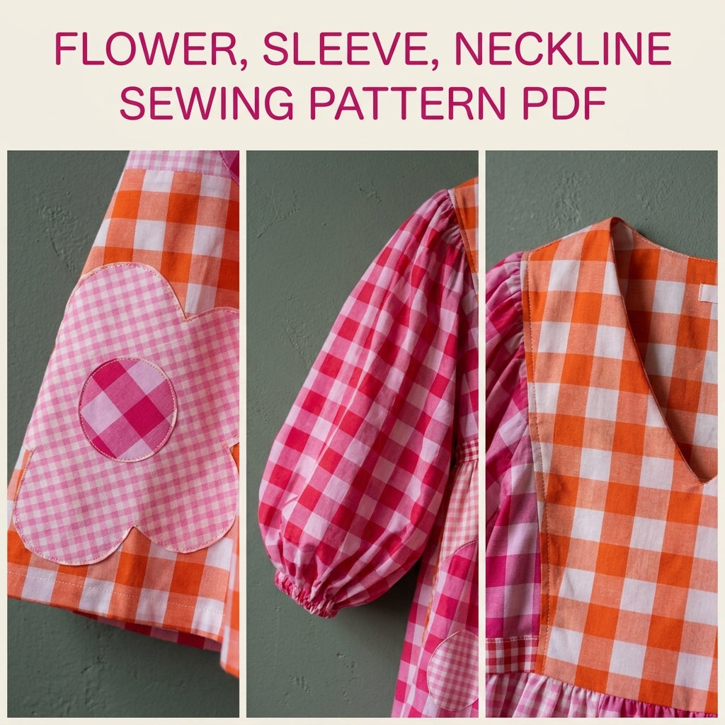 Gingham Flower Patchwork Dress Sewing Pattern PDF – Balloon Sleeve Midi Dress