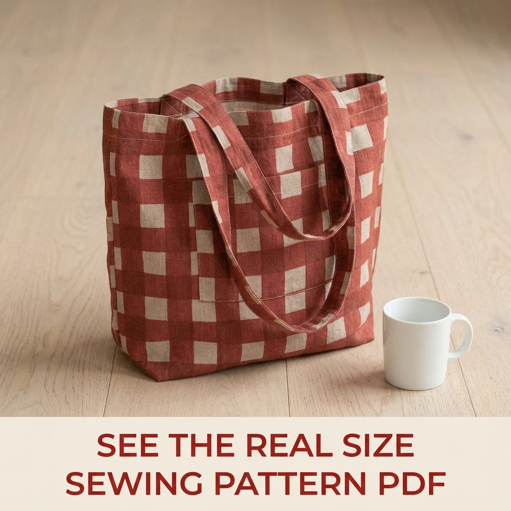 Gingham Tote Bag Sewing Pattern PDF – Linen Tote with Patch Pocket