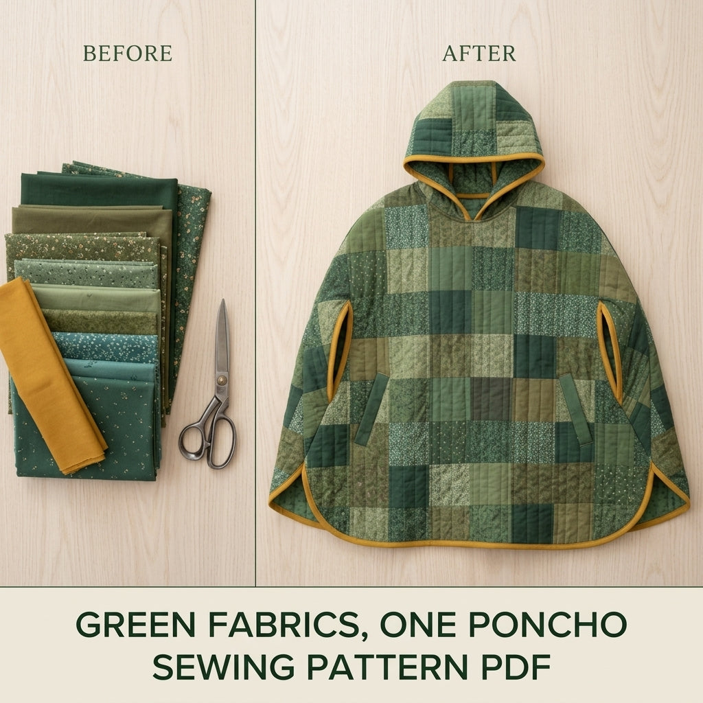 Quilted Poncho Sewing Pattern PDF – Hooded Patchwork Pullover Poncho with Arm Slits and Bias Binding