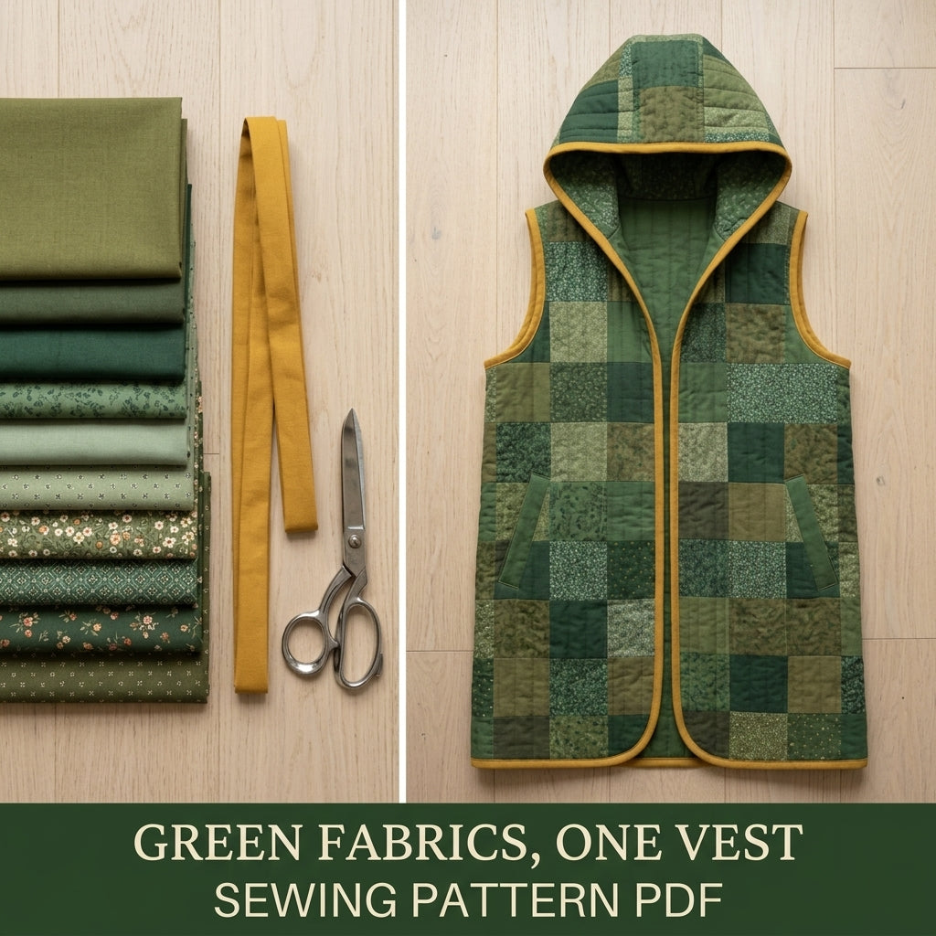 Quilted Patchwork Vest Sewing Pattern PDF – Long Hooded Quilt Vest with Pockets and Bias Binding