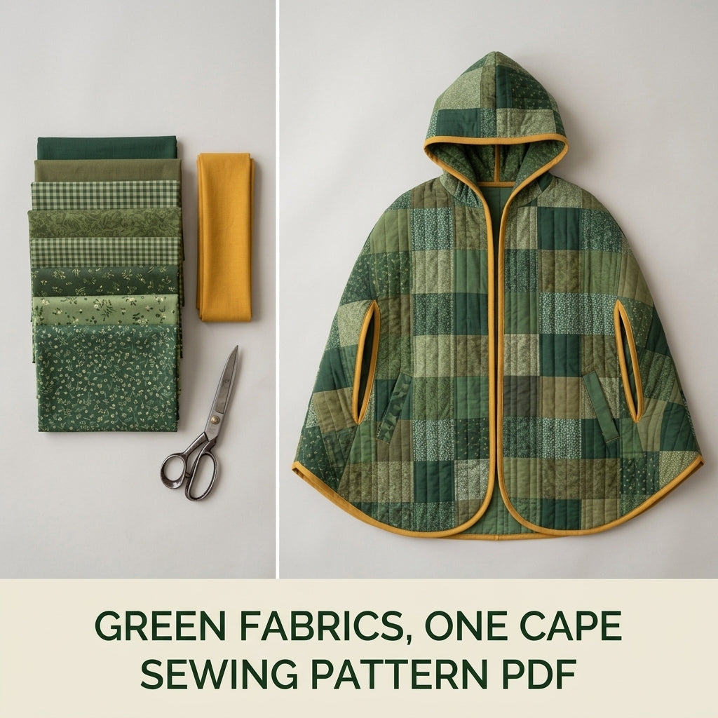 Hooded Patchwork Cape Sewing Pattern PDF – Green Quilted Cape with Arm Slits and Bias Binding