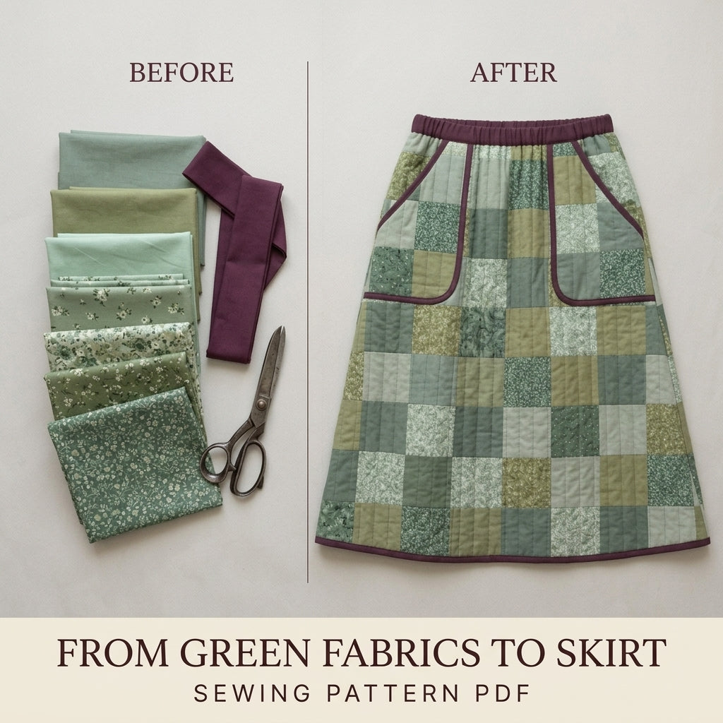 Quilted Skirt Sewing Pattern PDF – Patchwork Midi Skirt with Elastic Waist and Pockets