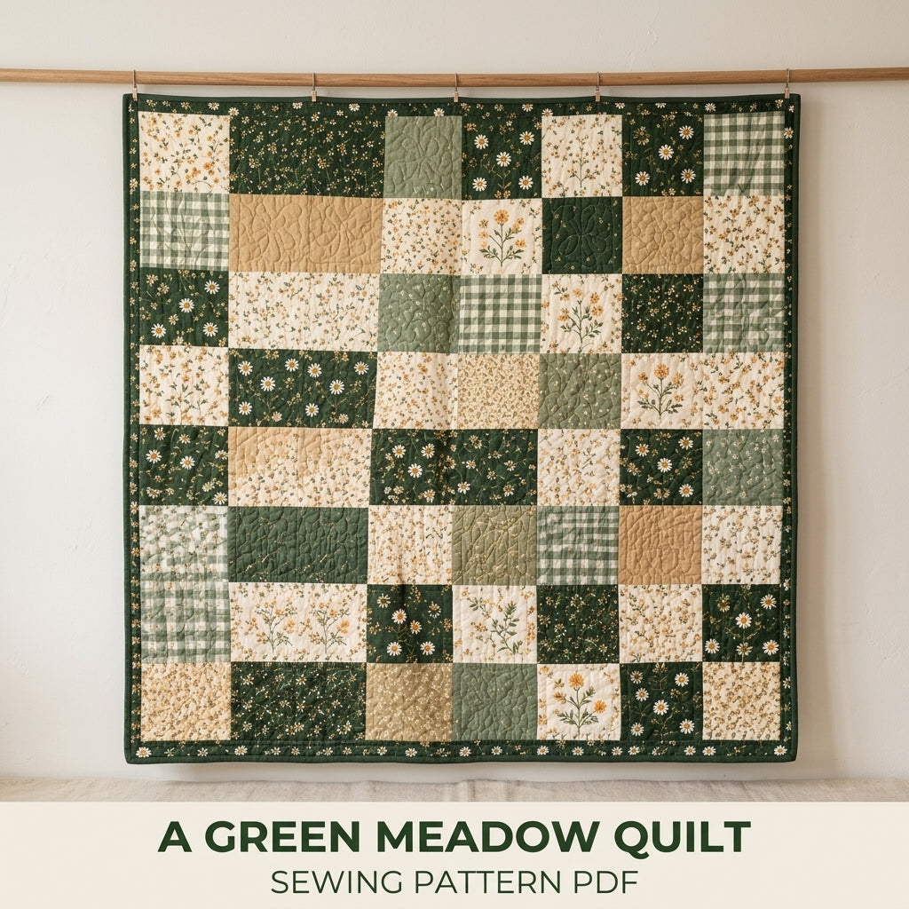 Green Meadow Patchwork Quilt Sewing Pattern PDF – Easy Squares Green Floral Quilt