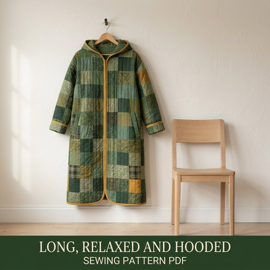 Hooded Quilted Duster Coat Sewing Pattern PDF – Knee-Length Patchwork Quilt Coat with Bias Binding