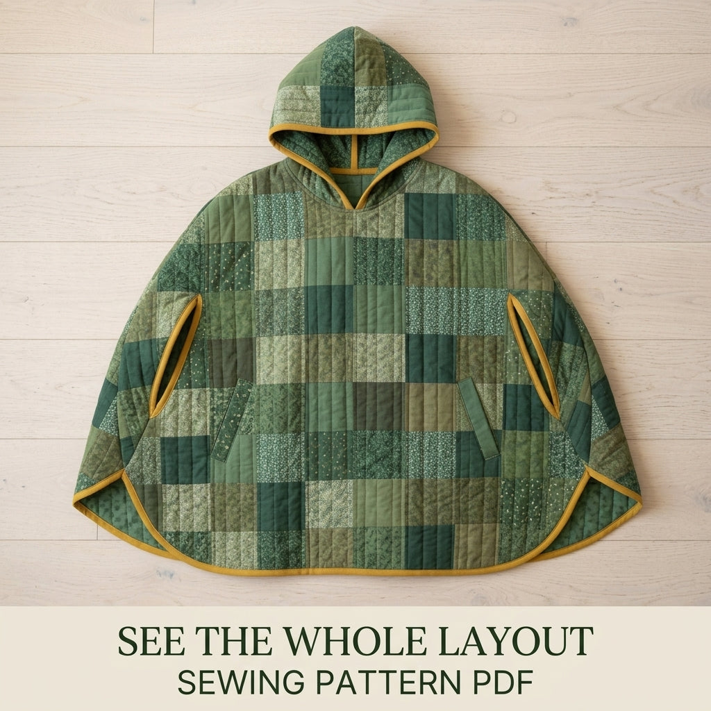 Quilted Poncho Sewing Pattern PDF – Hooded Patchwork Pullover Poncho with Arm Slits and Bias Binding