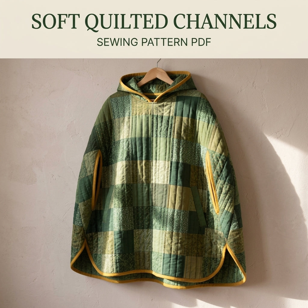 Quilted Poncho Sewing Pattern PDF – Hooded Patchwork Pullover Poncho with Arm Slits and Bias Binding