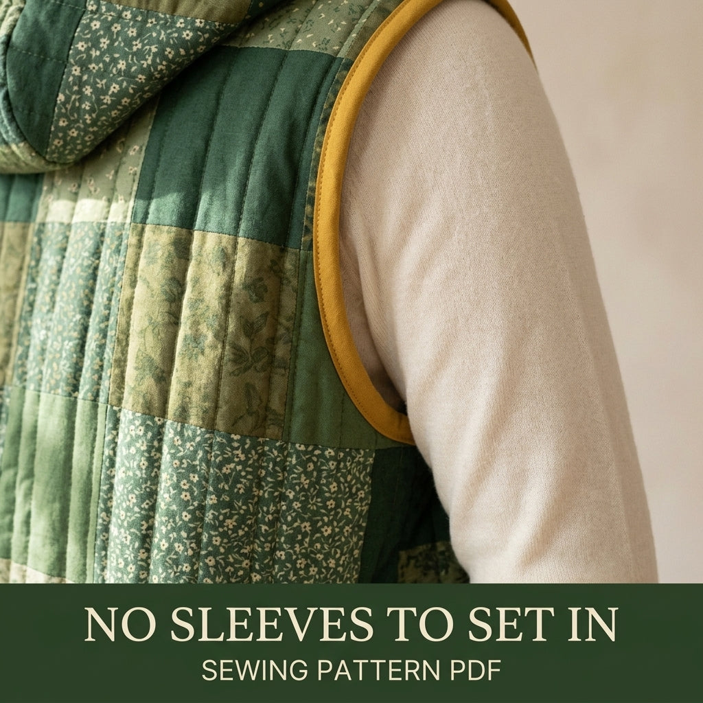 Quilted Patchwork Vest Sewing Pattern PDF – Long Hooded Quilt Vest with Pockets and Bias Binding