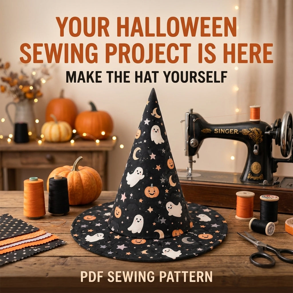Quilted Witch Hat Table Topper PDF Sewing Pattern | Free-Standing Halloween Centrepiece with Bendy Tip | Black Cat Patchwork | Instant Download