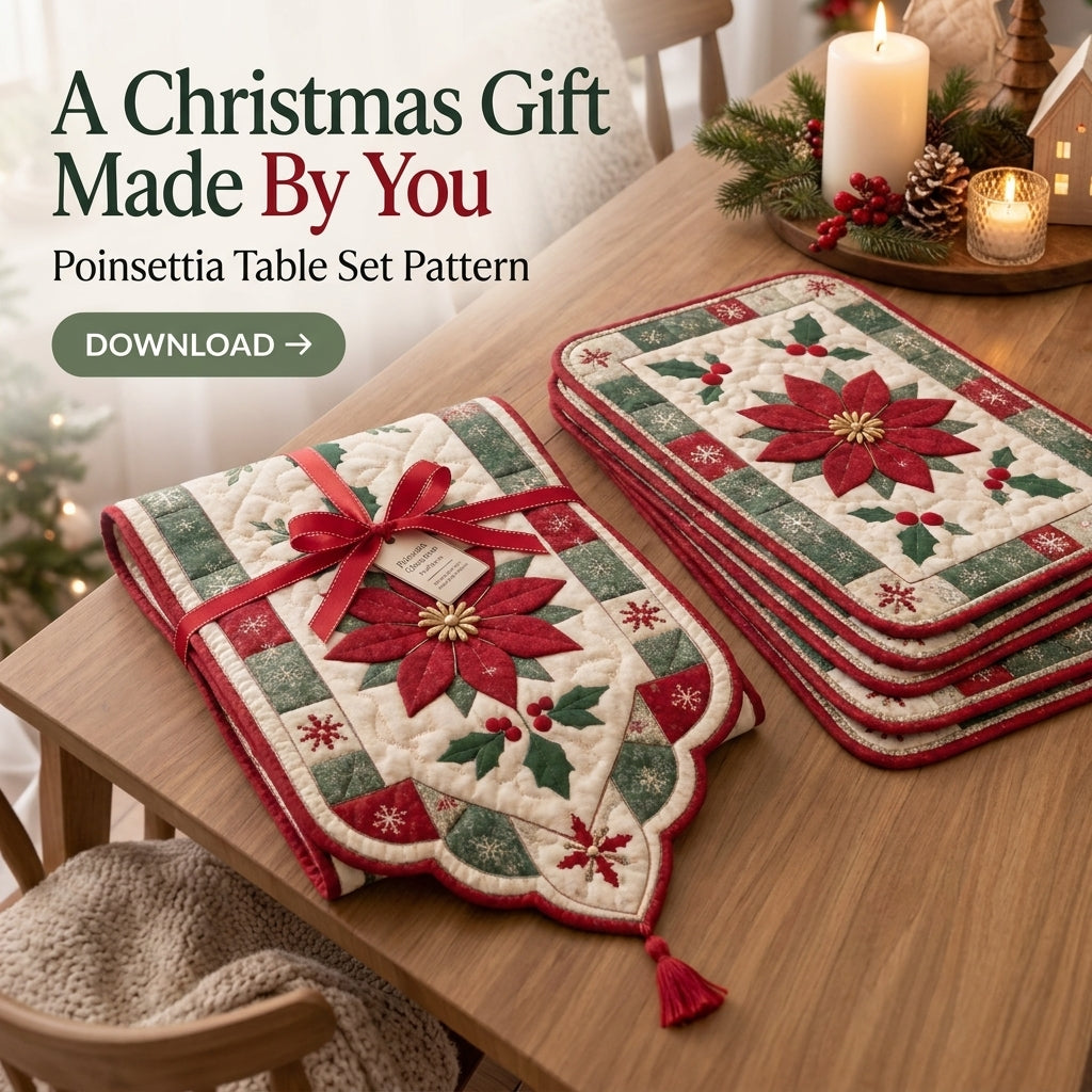 Poinsettia Christmas Table Runner & Placemats Quilt Pattern | Appliqué Runner Plus 4 Placemats | Scandinavian Holiday Table Set | PDF Instant Download