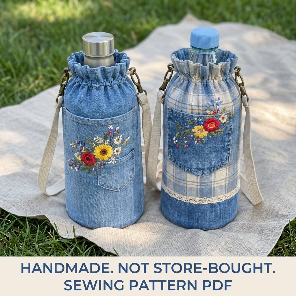 Embroidered Pocket Bottle Bag Sewing Pattern PDF – Upcycled Jeans Bottle Holder