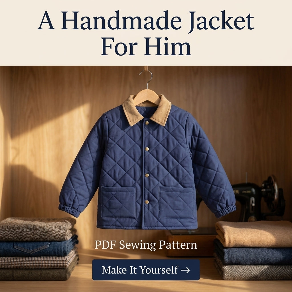Classic Quilted Jacket Sewing Pattern for Kids – Corduroy Collar, Snap Front – Sizes 2–12 – PDF