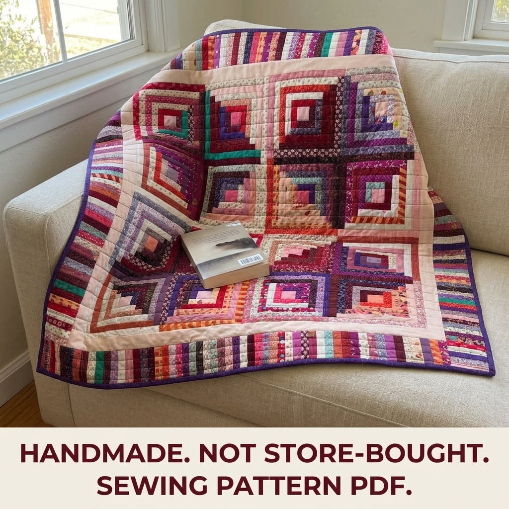 Scrappy Log Cabin Piano Key Quilt Sewing Pattern PDF – Square Throw Quilt