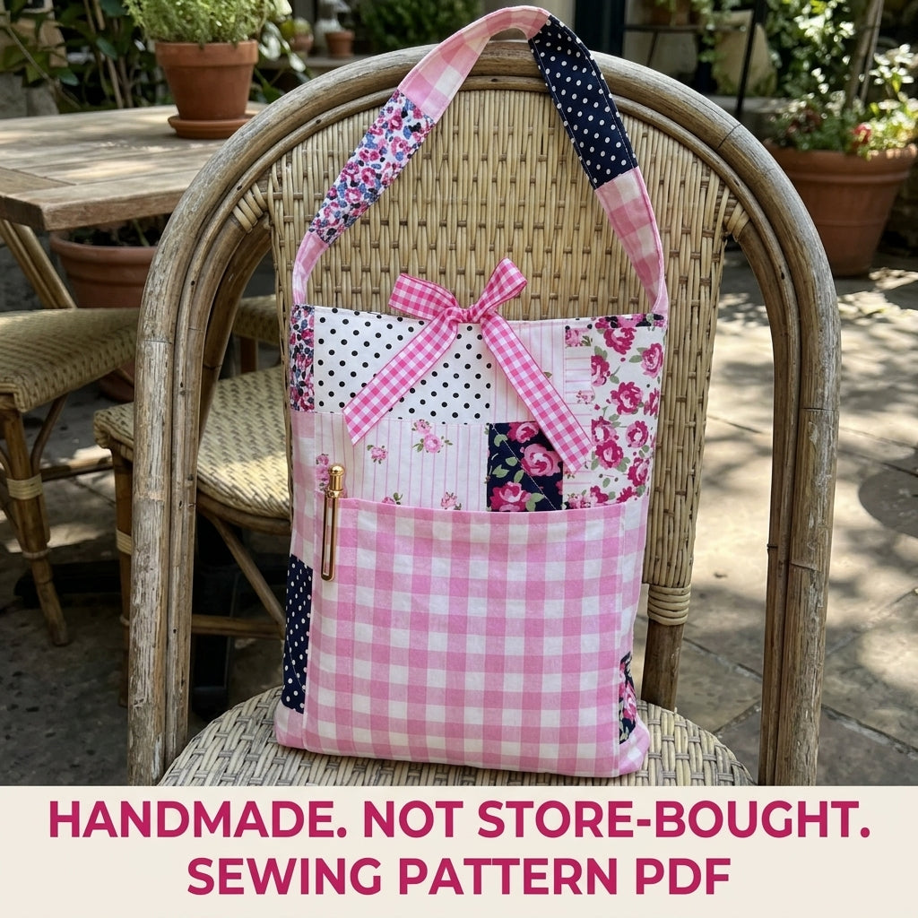 Pink Patchwork Pocket Tote Sewing Pattern PDF – Floral Tote with Gingham Pocket
