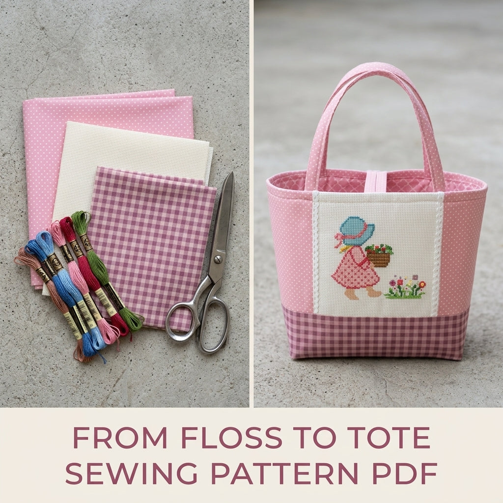 Sunbonnet Girl Cross-Stitch Tote Sewing Pattern PDF – Small Tote with Stitched Panel