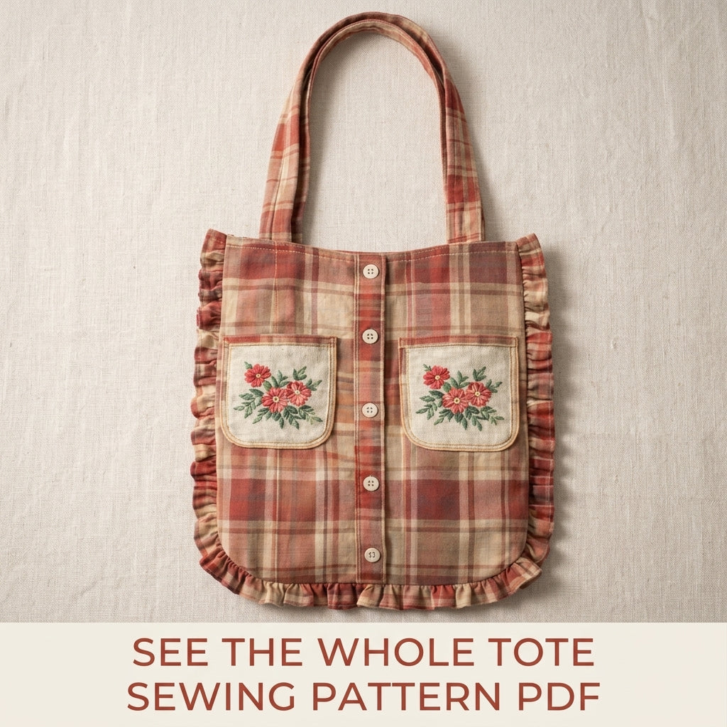 Ruffled Shirt Tote Sewing Pattern PDF – Upcycled Shirt Bag with Embroidered Pockets