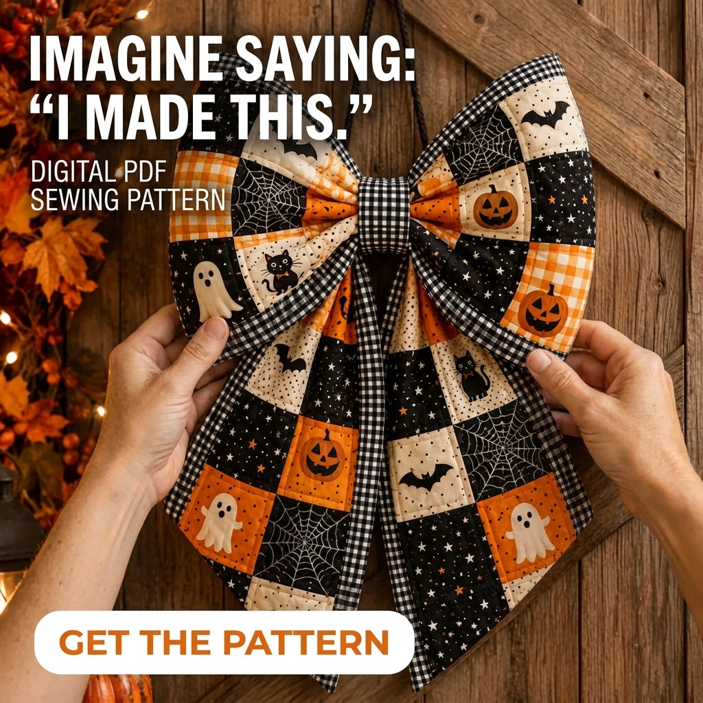 Quilted Door Bow Sewing Pattern — Oversized Patchwork Bow Hanger for Halloween, 2 Sizes, PDF Download