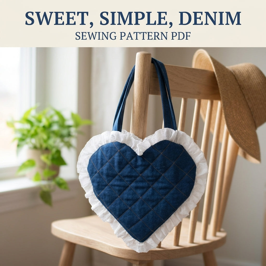 Denim Eyelet Heart Bag Sewing Pattern PDF – Quilted Heart Purse with Lace Ruffle
