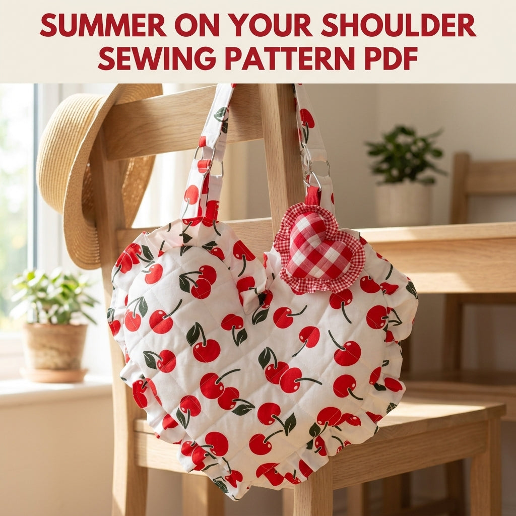 Cherry Quilted Heart Bag Sewing Pattern PDF – Heart Shoulder Bag with Ruffle and Charm