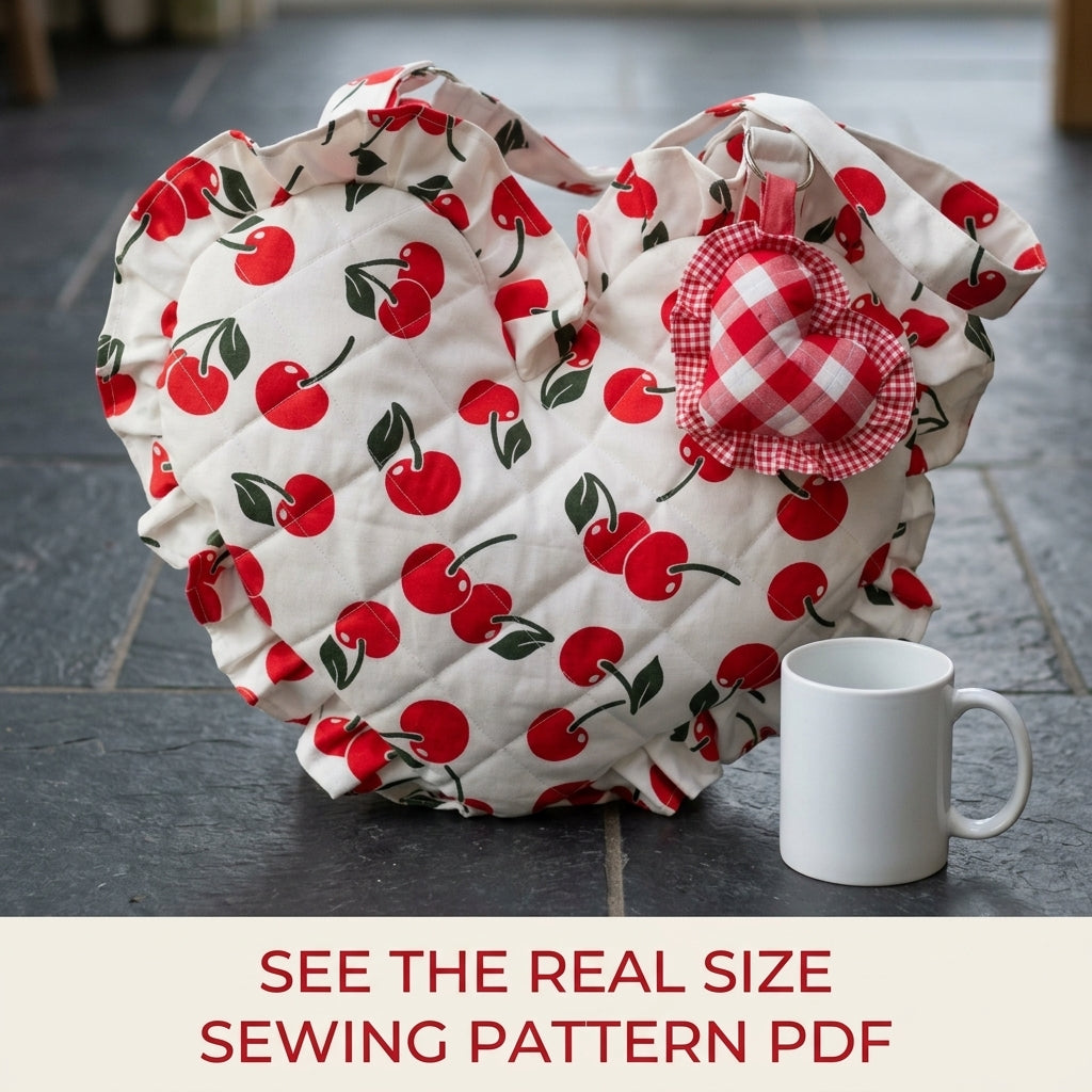 Cherry Quilted Heart Bag Sewing Pattern PDF – Heart Shoulder Bag with Ruffle and Charm