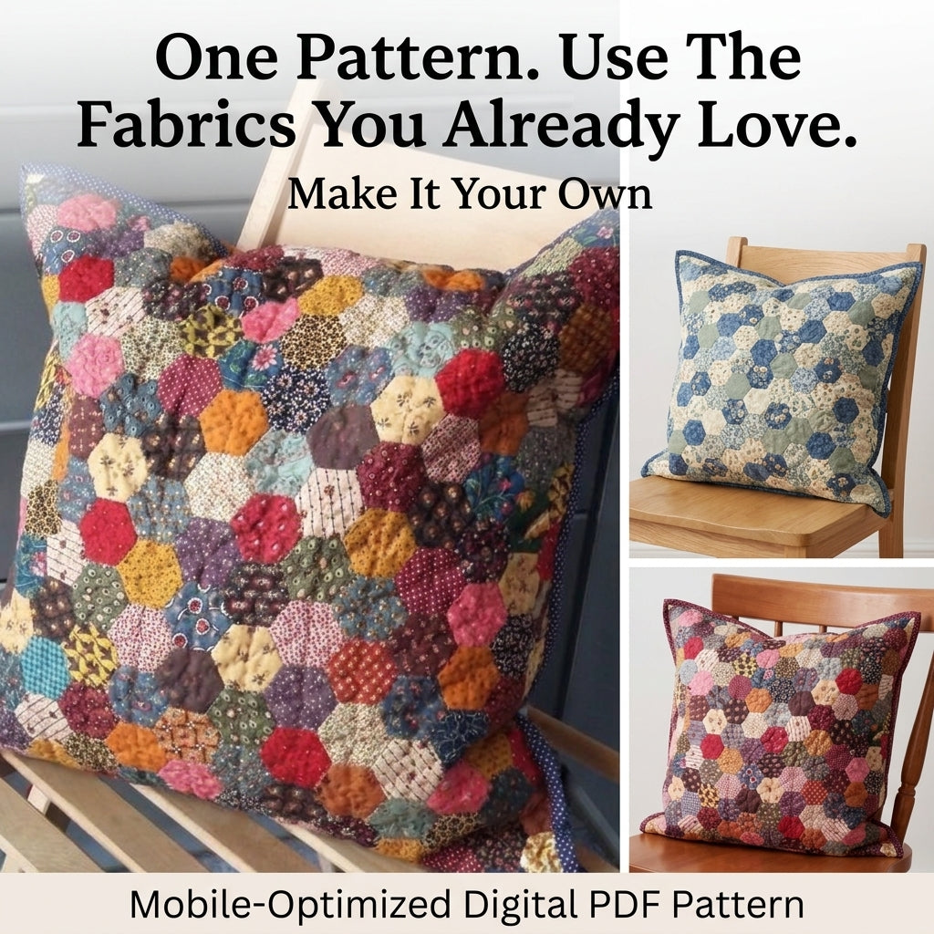 Scrappy Hexagon Cushion Pattern | English Paper Piecing Hexie Pillow Cover | Beginner Hand-Sewing Project | PDF Instant Download