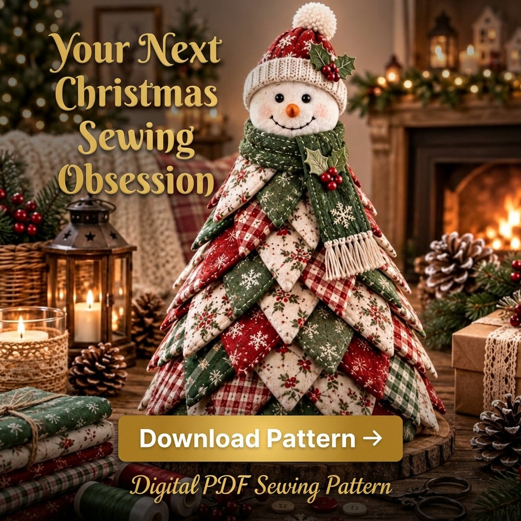 Folded Fabric Christmas Tree Sewing Pattern — Standing Snowman Cone Tree, No-Sew Petal Method, PDF Download