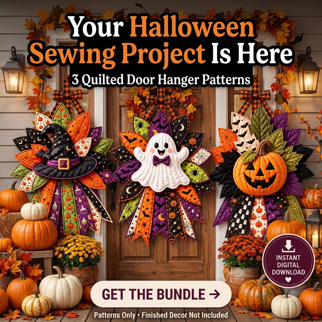 Halloween Door Hanger Patterns — 3 Quilted Fabric Designs in One PDF, Witch Hat, Ghost and Pumpkin, Beginner Friendly