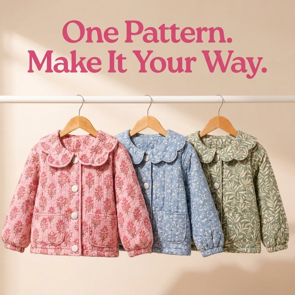 Girls' Quilted Jacket Sewing Pattern — Scalloped Peter Pan Collar Jacket, Ages 6 Months to 10 Years, PDF Download