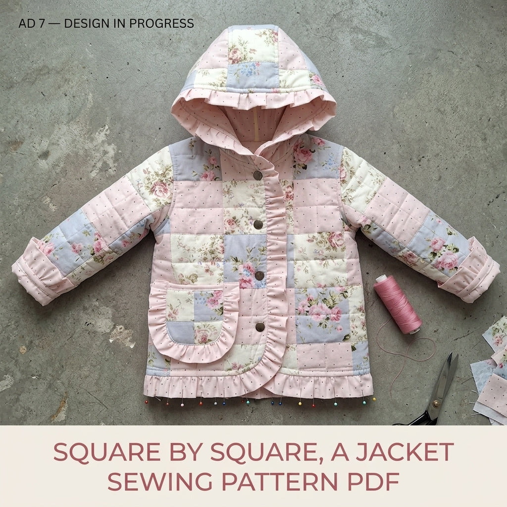 Kids Ruffle Patchwork Quilted Jacket Sewing Pattern PDF – Girls Hooded Quilt Coat