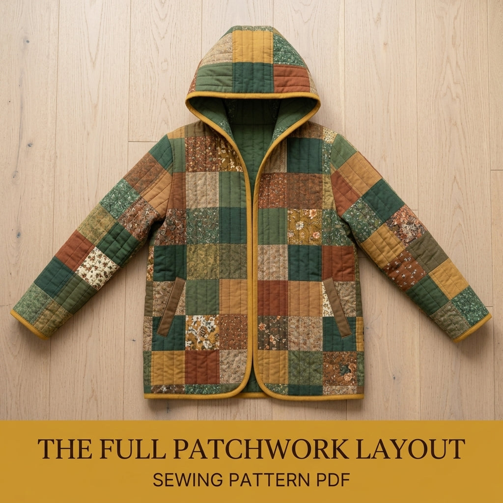 Hooded Quilted Jacket Sewing Pattern PDF – Patchwork Liner Jacket with Vintage Florals and Bias Binding