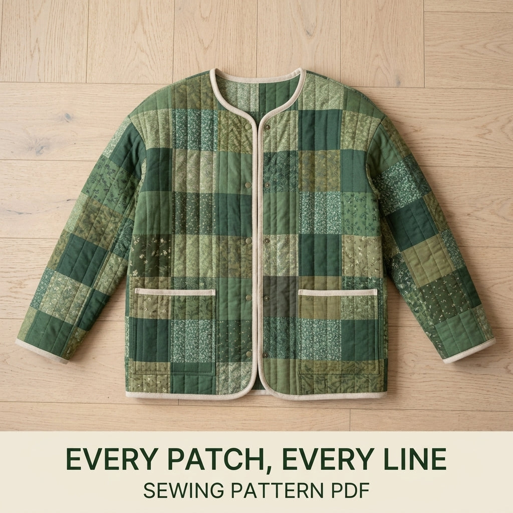 Collarless Quilted Coat Sewing Pattern PDF – Easy Patchwork Jacket
