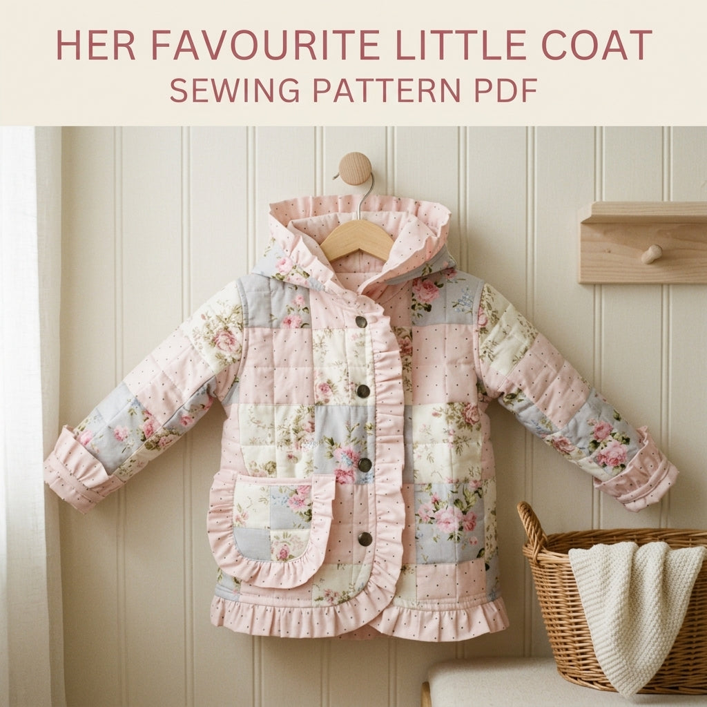 Kids Ruffle Patchwork Quilted Jacket Sewing Pattern PDF – Girls Hooded Quilt Coat