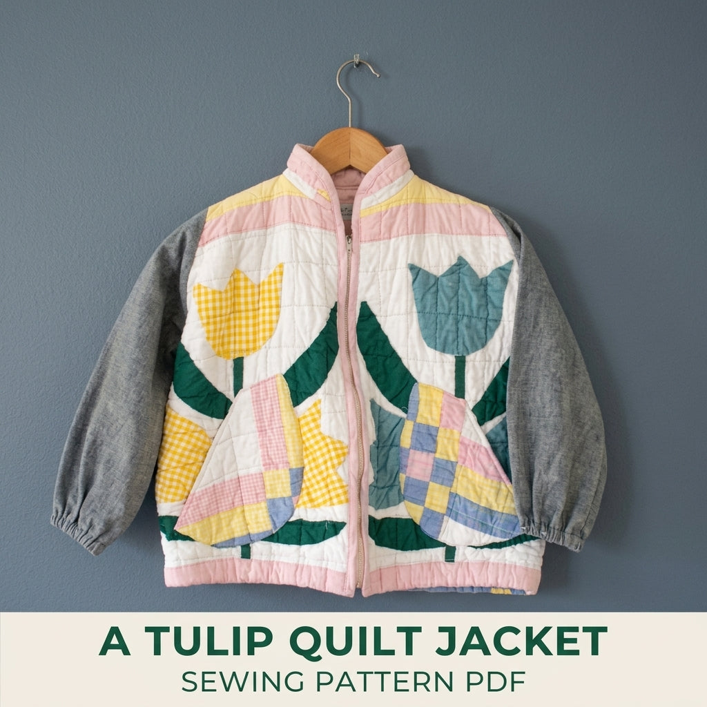 Kids Tulip Quilt Jacket Sewing Pattern PDF – Children's Quilted Zip Jacket with Denim Sleeves
